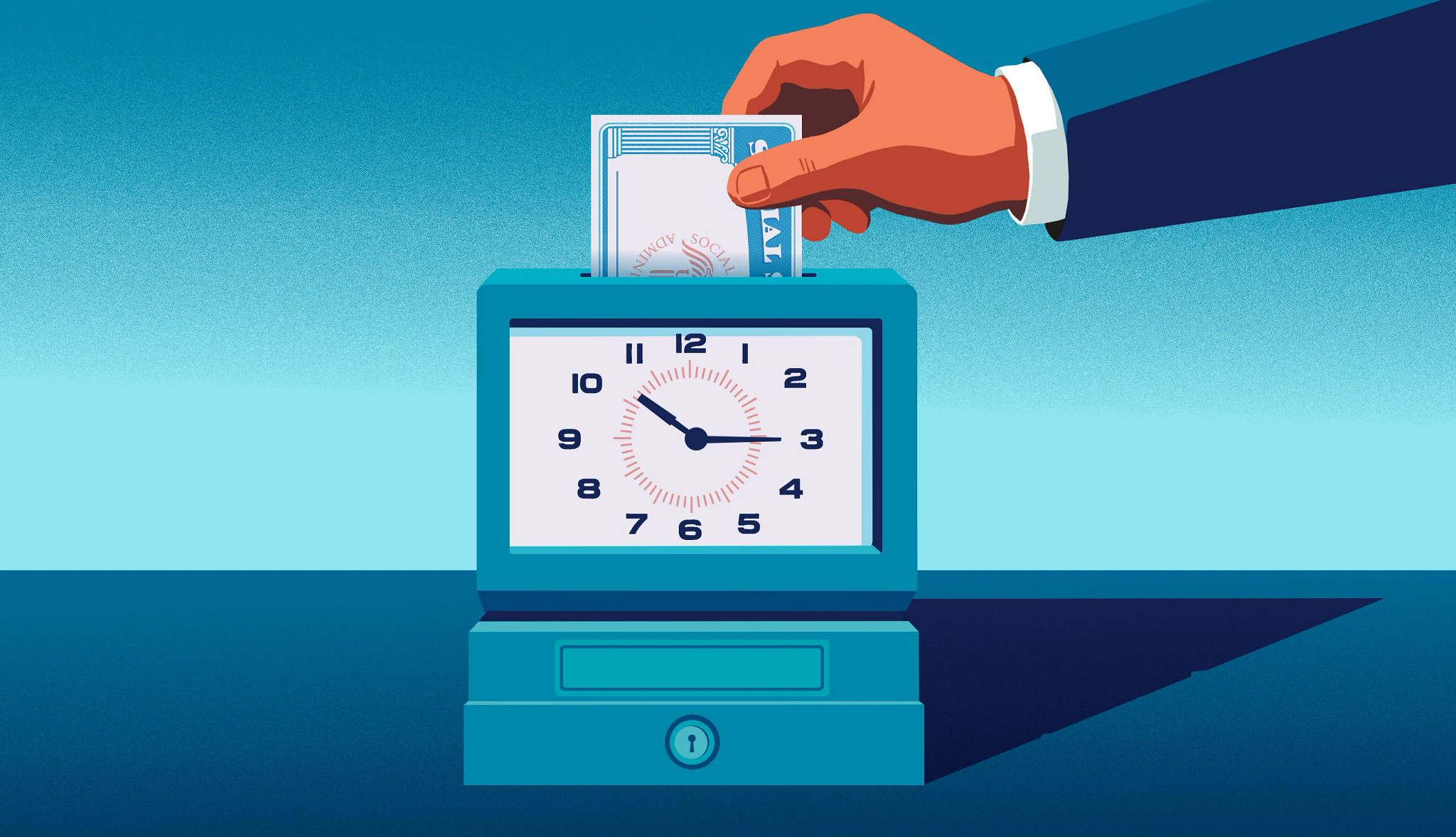 A hand places a social security card into a clock