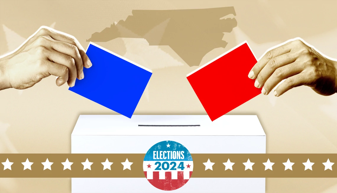 North Carolina election poll two hands place a red and blue ballot into a ballot box, with a shadow of north carolina in the background
