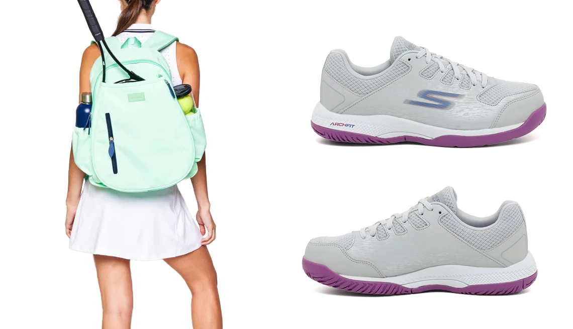 Ame & Lulu’s Game Time Tennis Backpack in Mint; Skechers Viper Court Smash in Gray/Purple