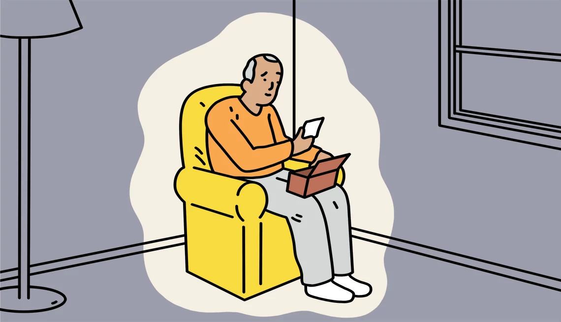 Illustration of man sitting in chair looking at picture; box on his lap
