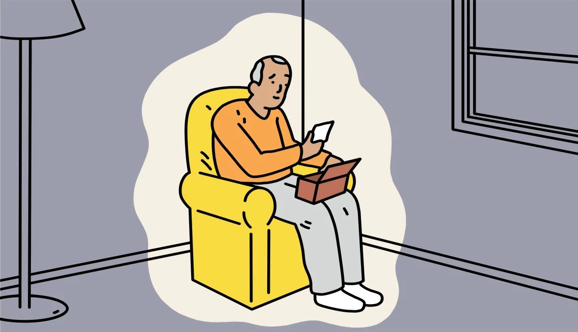 Preserve your memories Illustration of man sitting in chair looking at picture; box on his lap