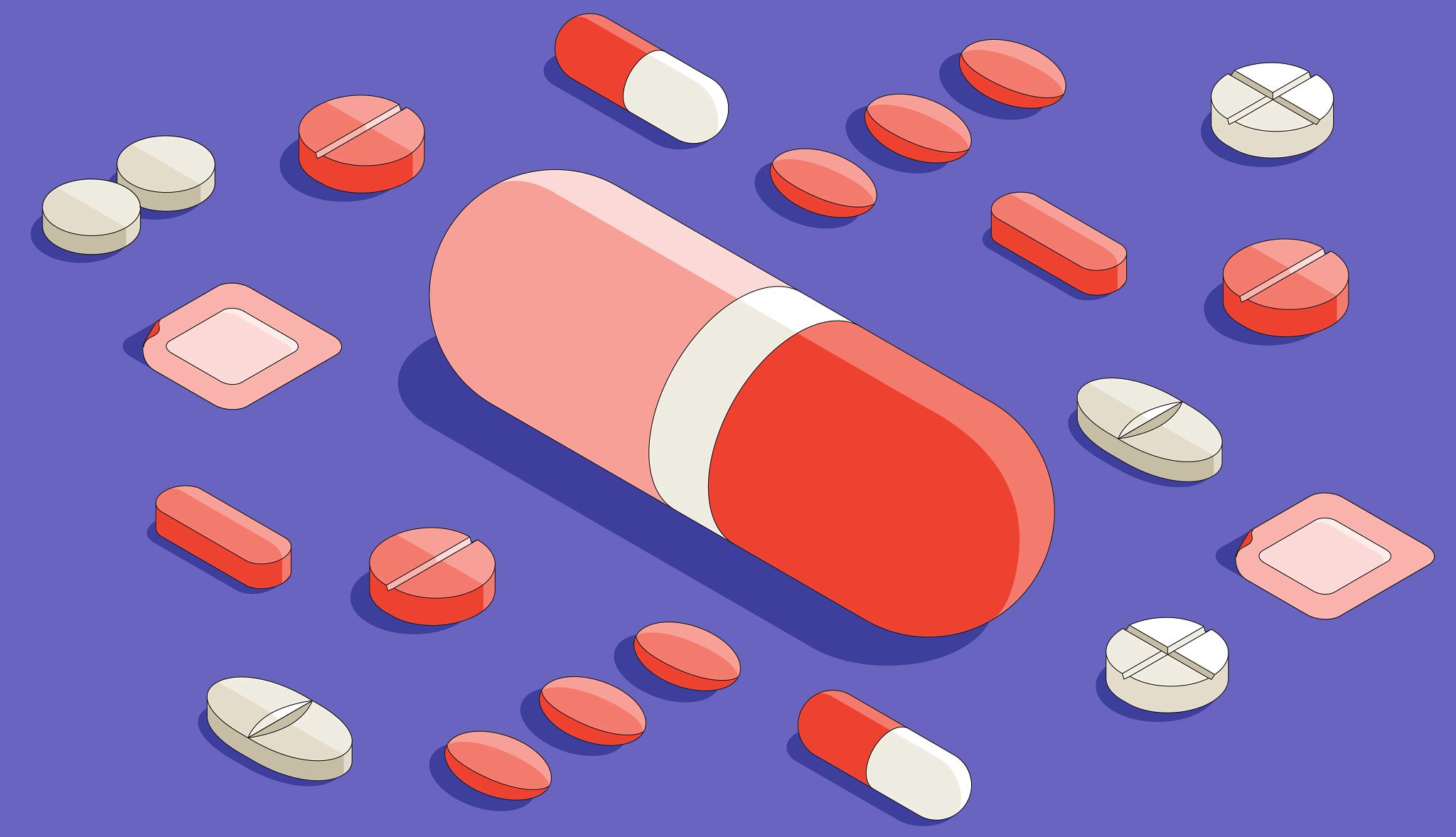 Guide to painkillers Illustration of a big pill in the center surrounded by different types of smaller pills, all in the red, white and pink color scheme