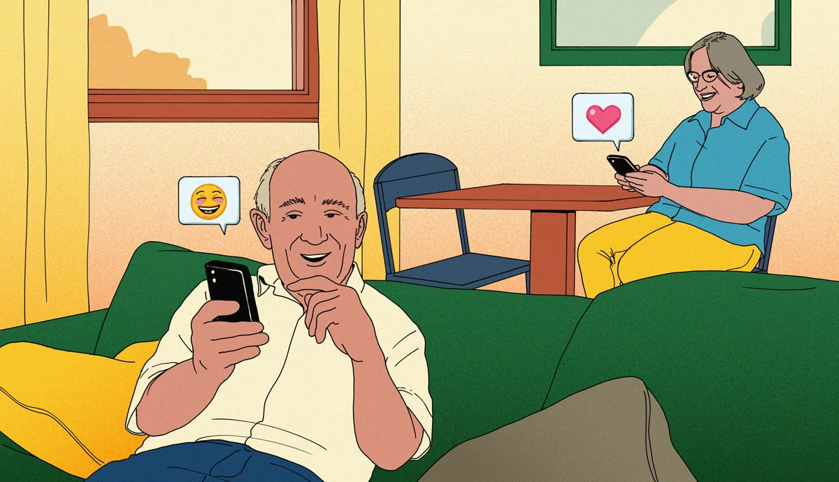 Illustration of two older adults using smartphones in a comfortable home setting. One person sits on a couch while another sits at a table, both viewing positive message reactions on their screens