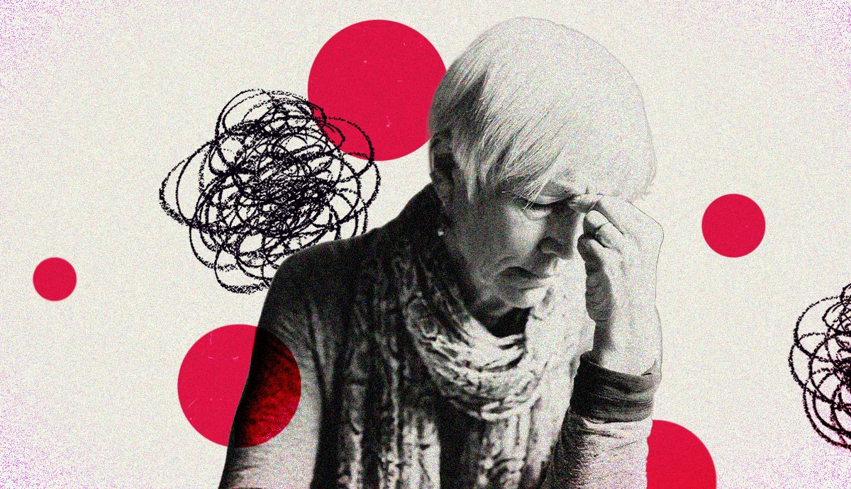 An older woman resting her head in her hand with eyes closed, surrounded by abstract scribbles and red dots symbolizing stress.