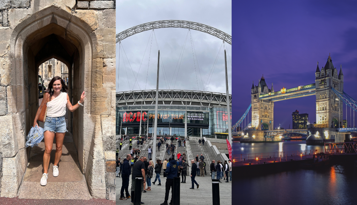 a split image of a woman posing, the exterior of wembley stadium, and tower bridge in london