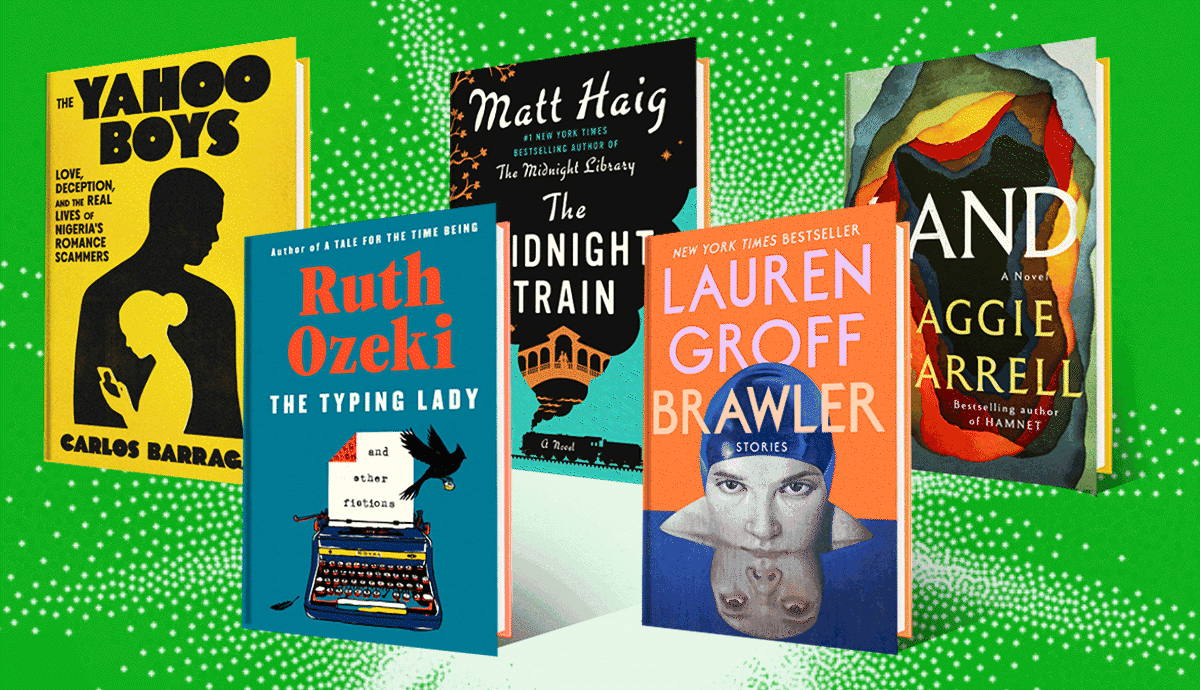 a collage with images of the covers of the books of yahoo boys, the typing lady, the midnight train, brawler and land