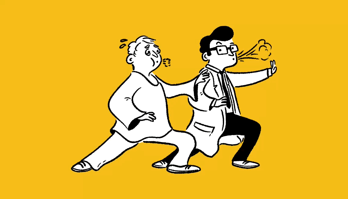 illustrated gif of a man and doctor doing breathing exercises