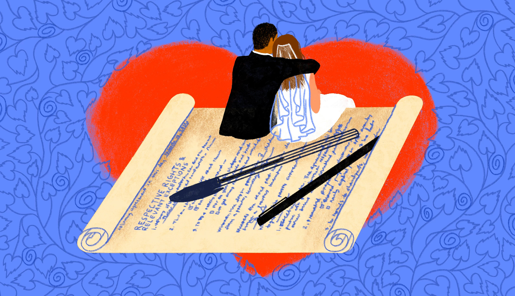 A couple embracing over a prenuptial agreement