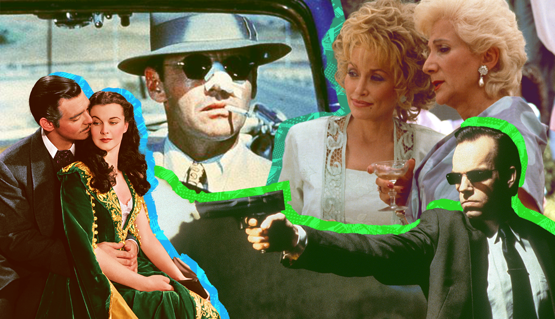 A collage of characters from movies such as Chinatown, The Matrix, Steel Magnolias and Gone With the Wind