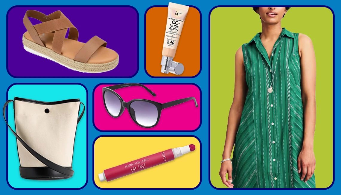 How to Dress for a Summer Heat Wave a colorful collage with makeup products, a handbag, sunglasses, a sandal, and a person modeling a loose-fitting green dress