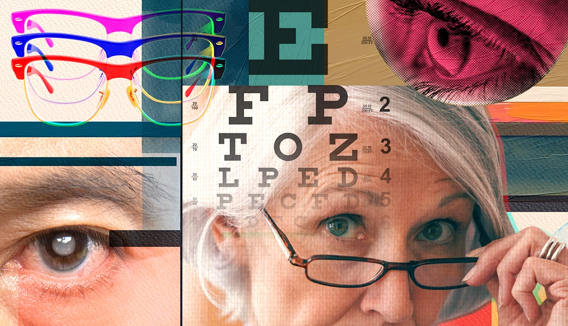Common Eye Conditions an eye exam, glasses and various images of eyes