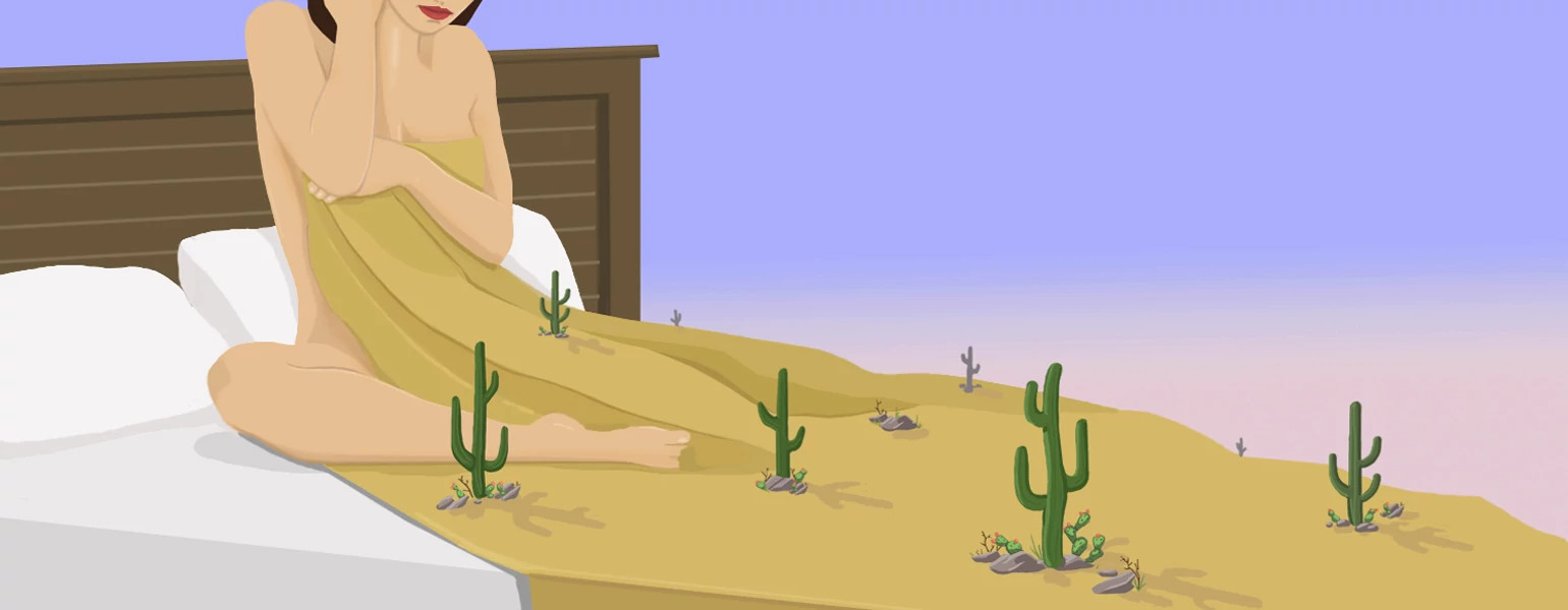 A drawing of a woman pulling a blanket up to cover her naked body in bed. The blanket has small cacti growing out of it, indicating her problems with dry sex.