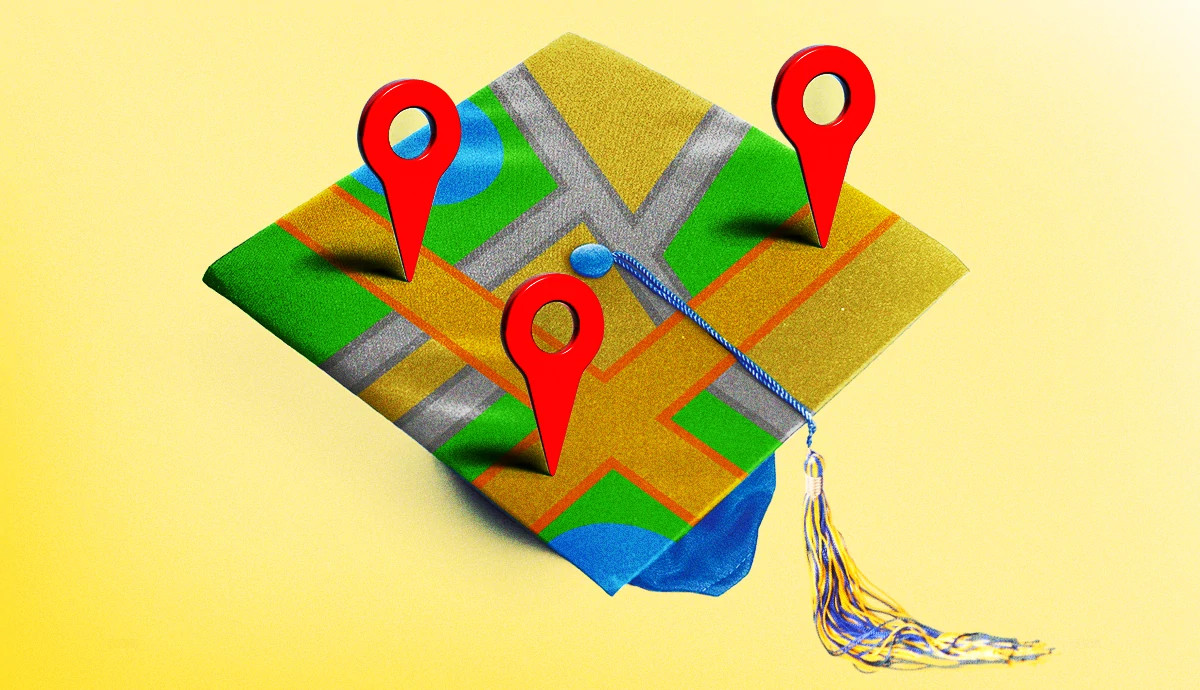 The flat top of a graduation cap has been turned into locator map with GPS pins