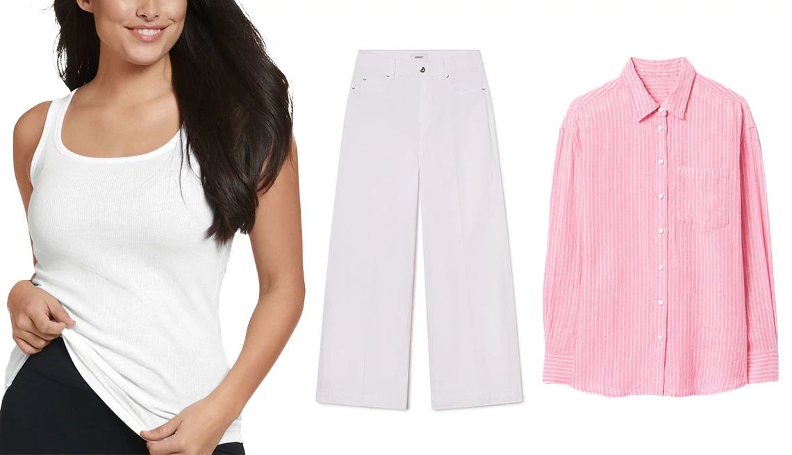 Slimming Summer Style a person modeling a white tank top, a pair of white wide-leg trousers and a pink button-down shirt