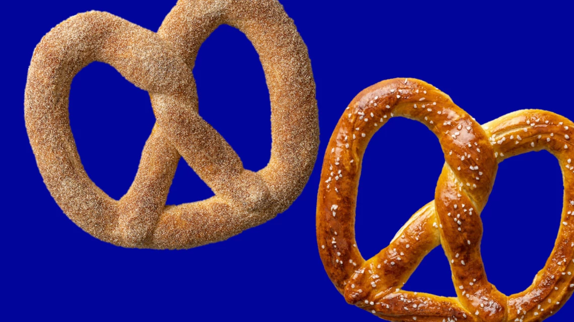 Auntie Anne's blue background, salted pretzel and cinnamon sugar pretzel