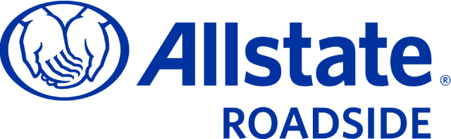 Allstate Roadside circle - inside two hands palm side up one of top of other - words allstate roadside dark blue