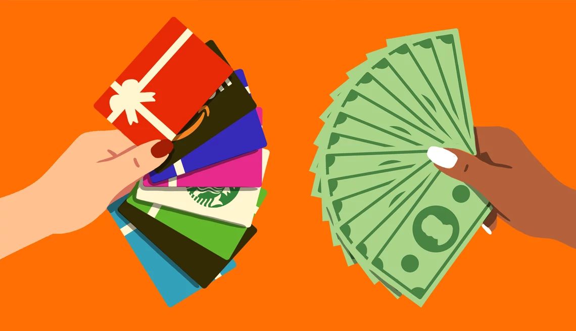 Trade Gift Cards for Cash one hand holding gift cards, next to a hand holding cash