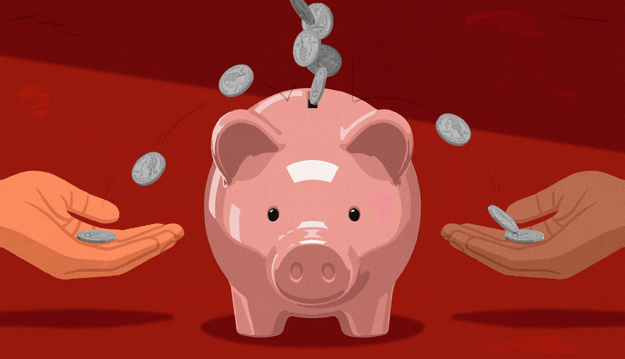 Coins fly out of a piggy bank into two waiting hands.
