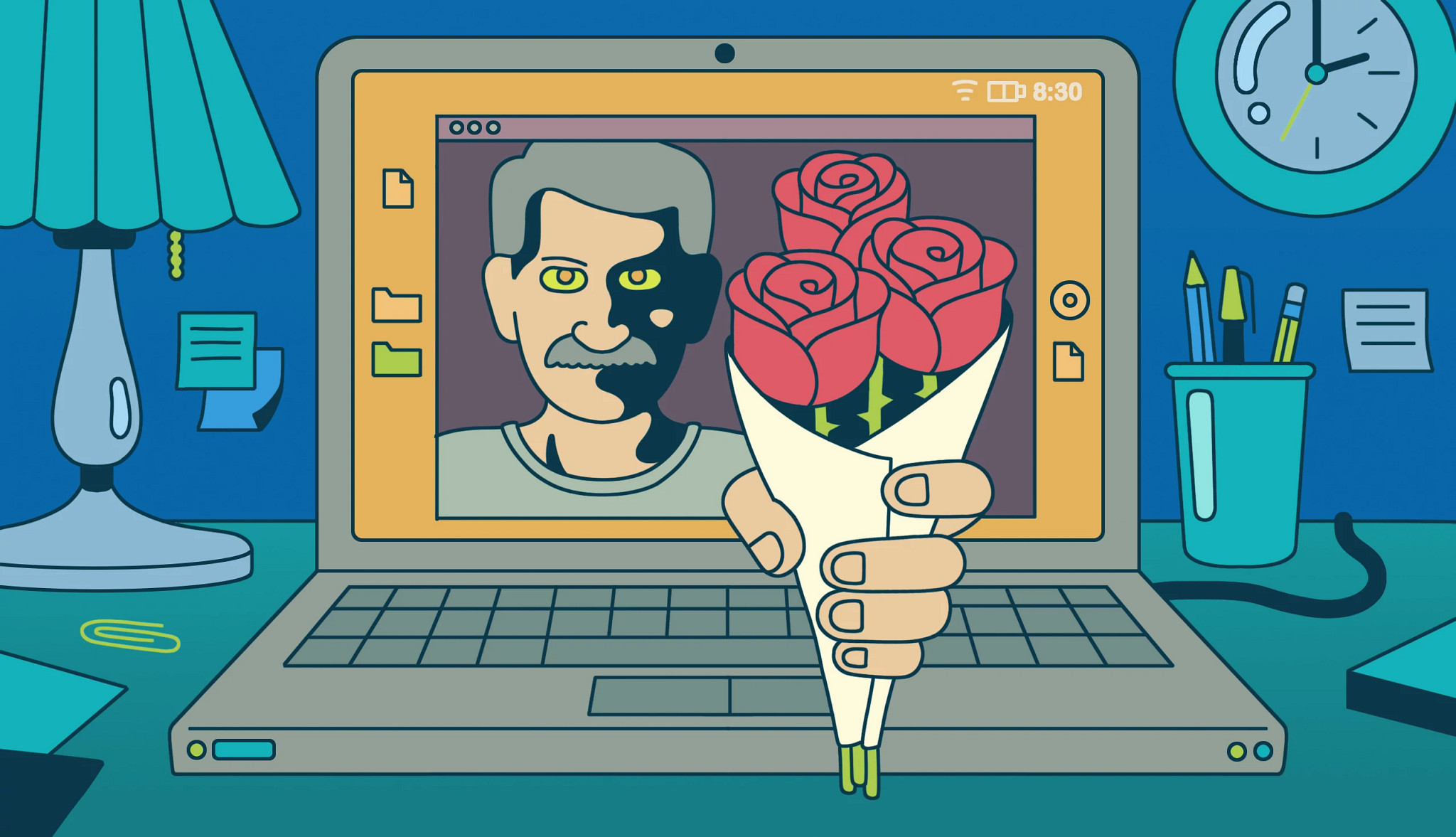A middle-aged man on a laptop screen extending a bouquet of roses through the display.