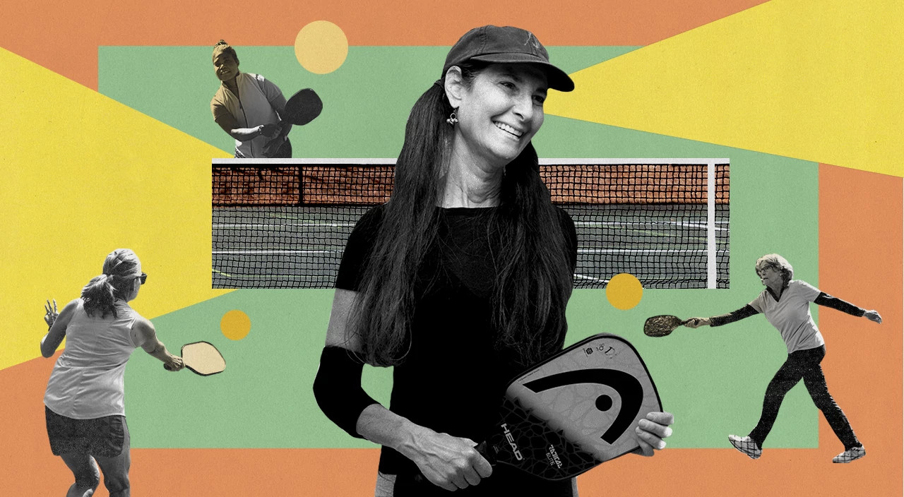 photo collage of female athlete in different positions, pickleball, sport