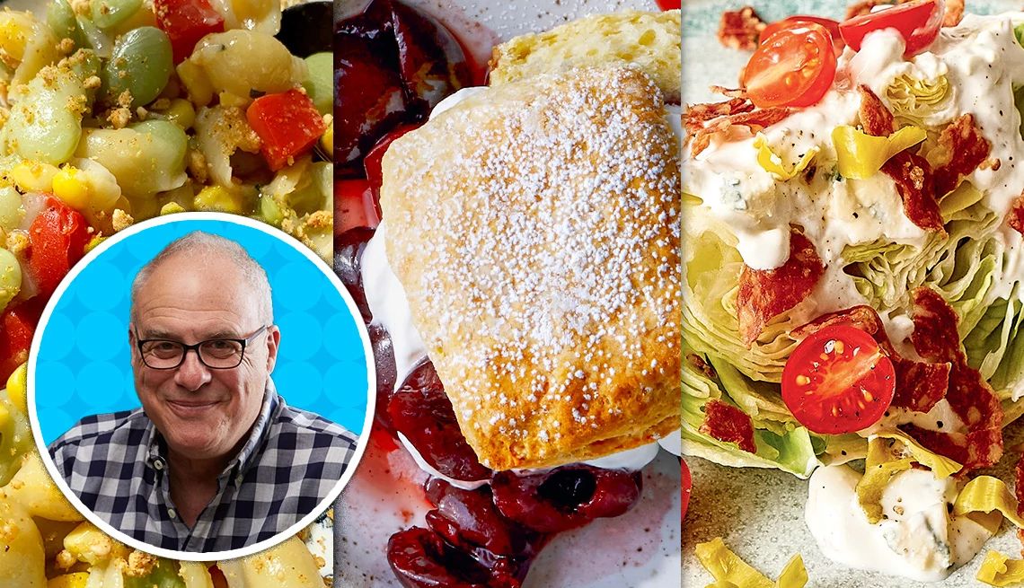 Mark Bittman’s plant-forward menu for two Side-by-sides of Succotash and Shells, Cherry Shortcake and Antipasto Wedge; image of Mark Bittman in circle in bottom left