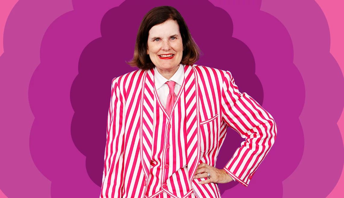 Where Did I Put My Memory? Paula Poundstone in pink and white striped outfit against background of four different colored purples