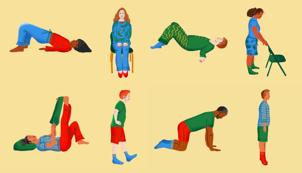 illustration on a pale yellow background shows eight diverse people performing gentle exercises, including a bridge pose, seated neck turns, hamstring stretches using a towel, and child's pose