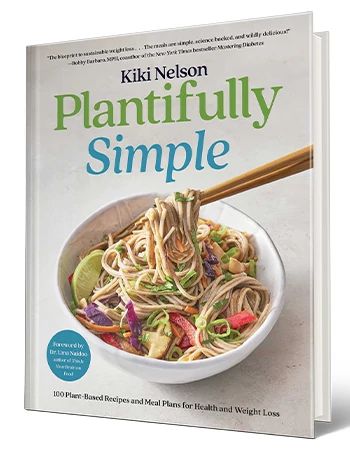 Cookbook ‘Plantifully Simple’ by Kiki Nelson Cookbook that says Kiki Nelson, Plantifully Simple; bowl of noodles on cover