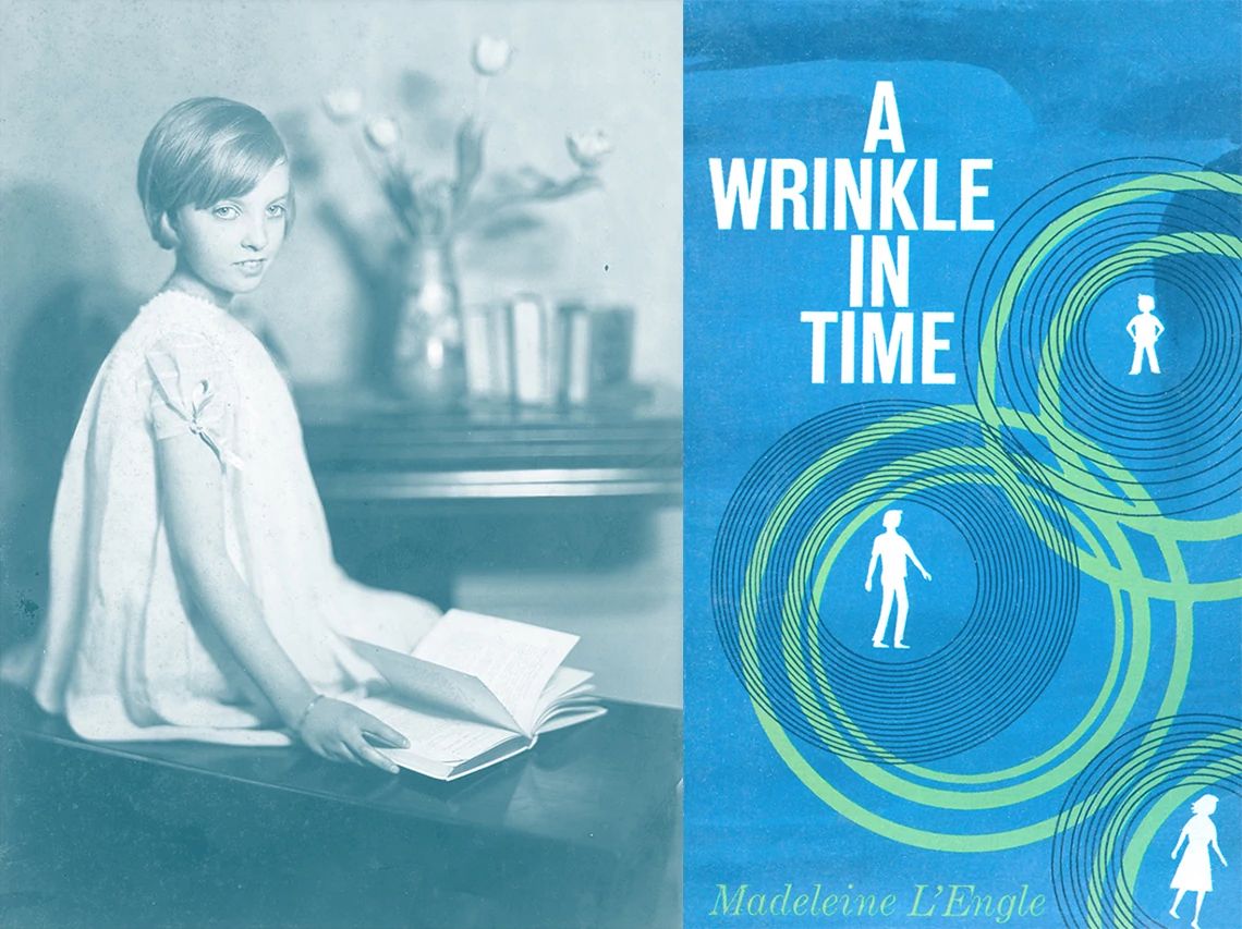 Madeleine L'Engle de niña y la portada del libro "A Wrinkle in Time". 
