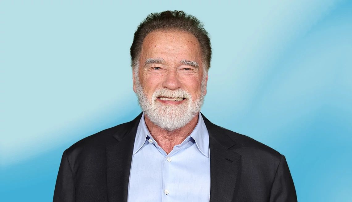 Arnold Schwarzenegger Is So Not the Retiring Type A head shot of actor Arnold Schwarzenegger is displayed in front of a light blue background
