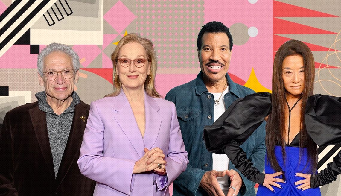 Harvey Fierstein, Meryl Streep, Lionel Richie, and Vera Wang on colorful, flashy background with all sorts of shapes and symbols