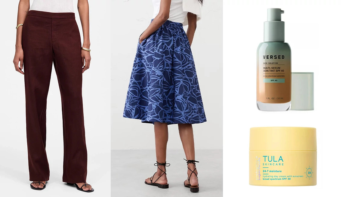 trousers, a skirt and skincare products