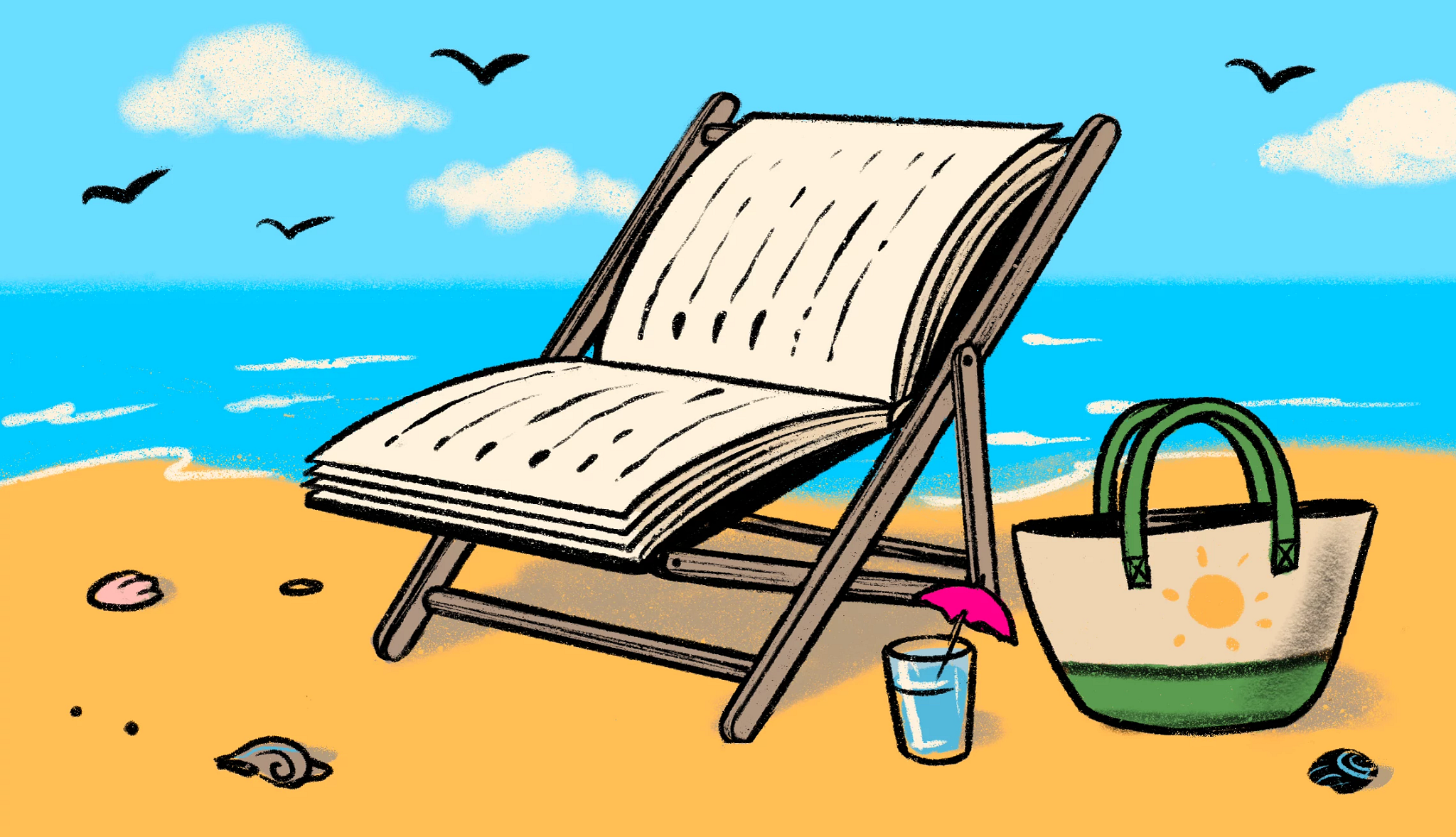 illustration of beach chair in form of a book at the beach