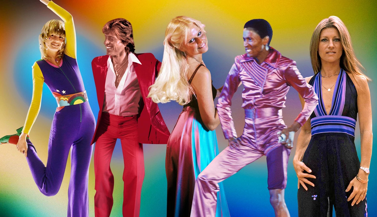 a collage with photos of people wearing disco era fashions