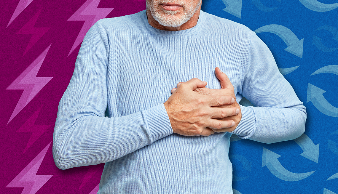 A Man Holding His Chest From a Heart Attack or Cardiac Arrest a man holding his chest with cartoon purple arrows and blue lightning bolts in the background