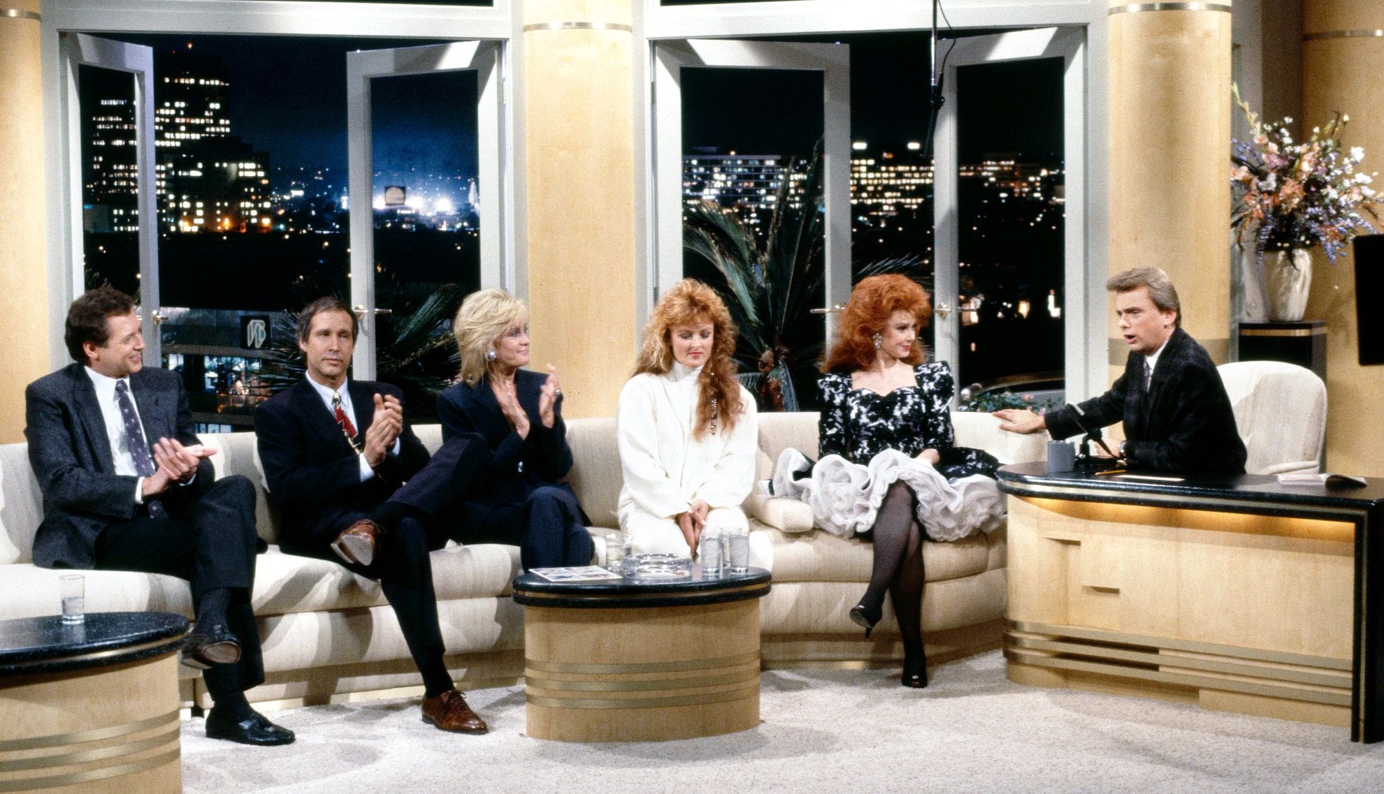 The Pat Sajak Show Dan Miller, Chevy Chase, Joan Van Ark, Naomi Judd, Wynonna Judd and Pat Sajak on the premiere of The Pat Sajak Show