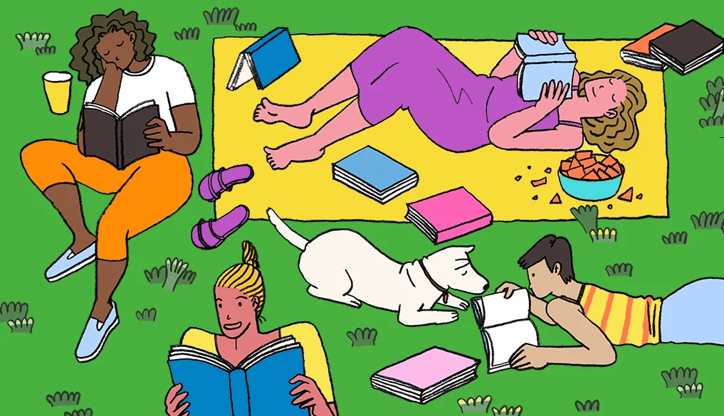 Illustration of multiple people relaxing on a grassy park setting, reading books on blankets and directly on the grass, with stacks of books, a beverage cup, a bowl of snacks, and a dog lying nearby