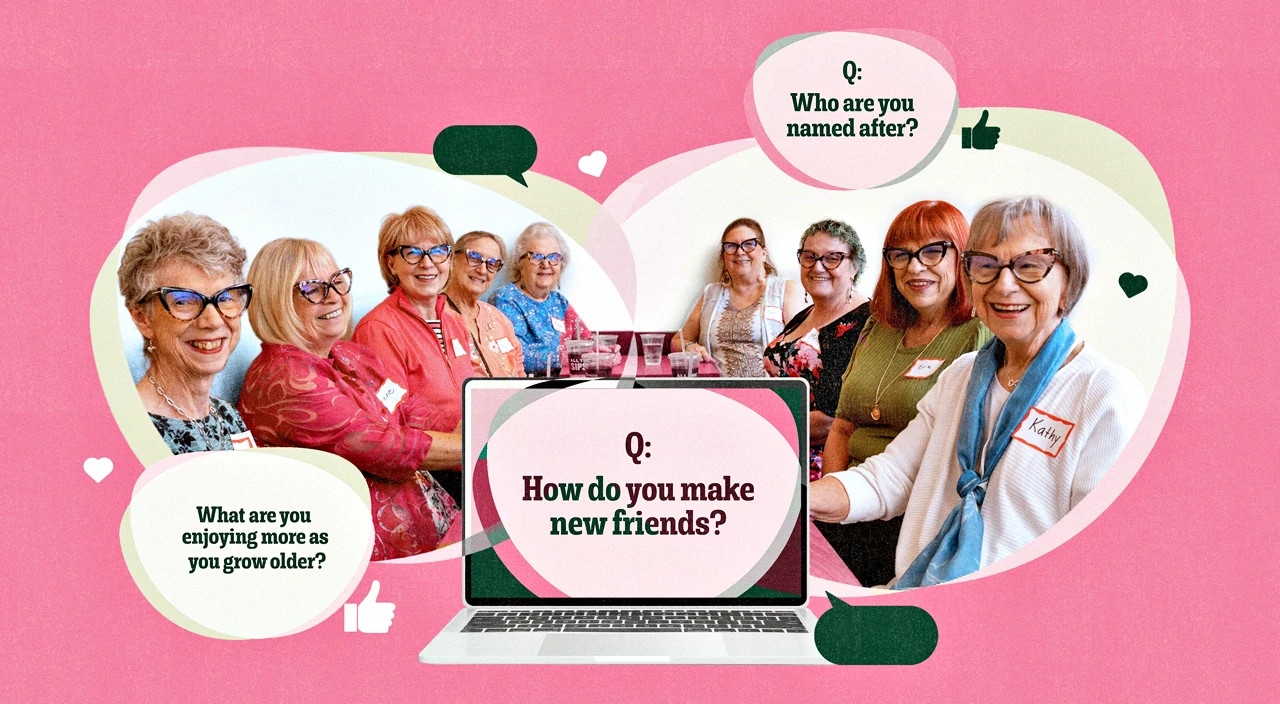 older women around a table green semicircle with a pink background. A stylized drawing of a laptop with glasses on the screen and speech bubbles above suggests digital communication and online interaction.