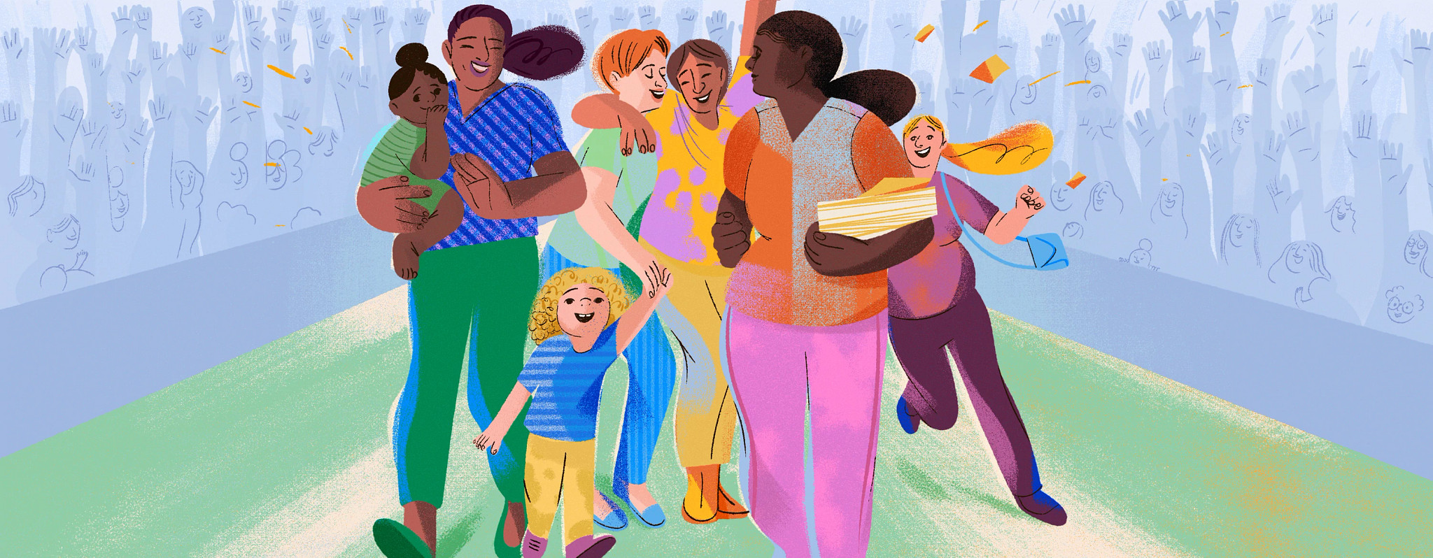 illustration of mother with her mom friends and children