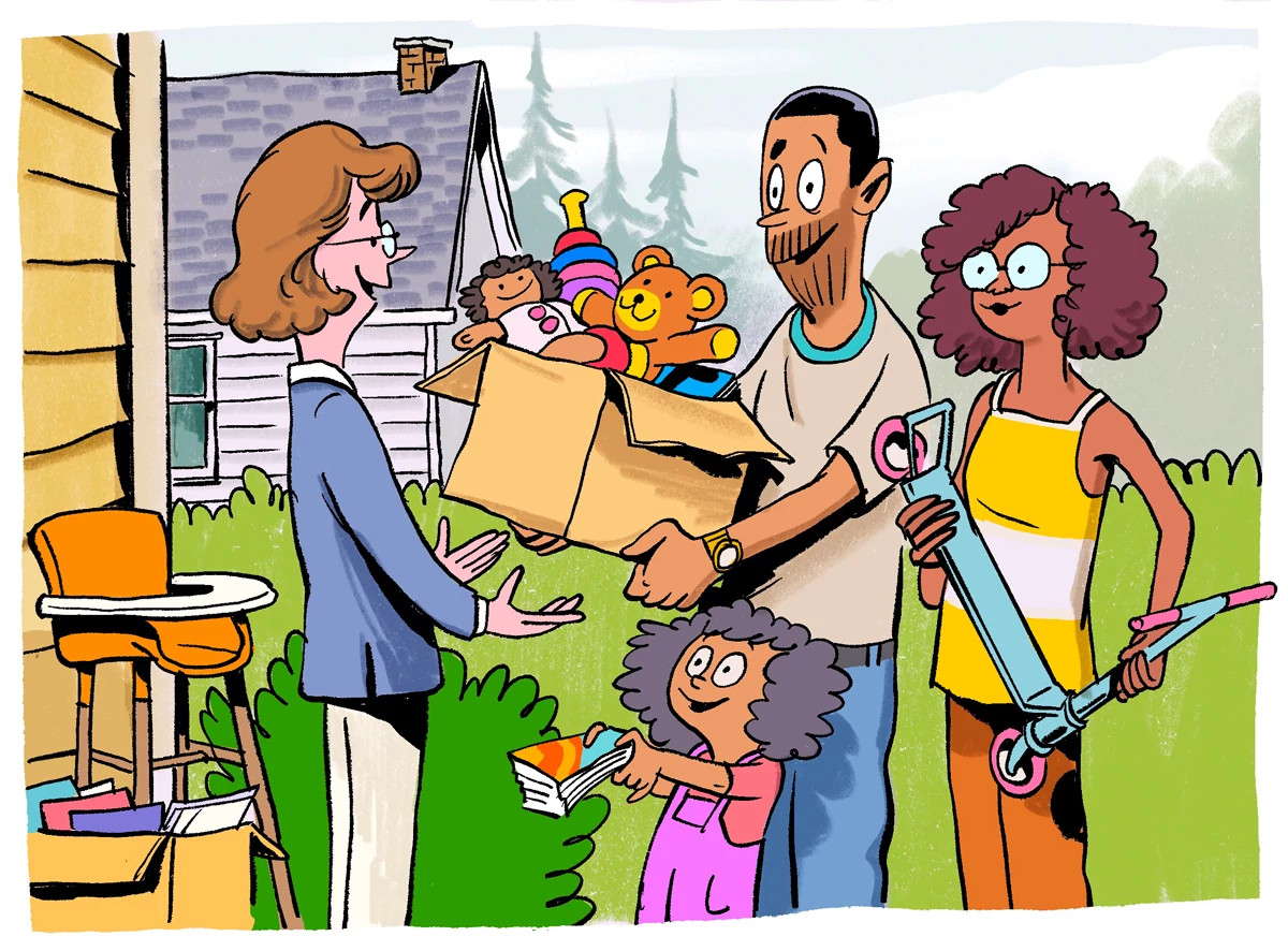 A family lends childrens toys and books to another family.