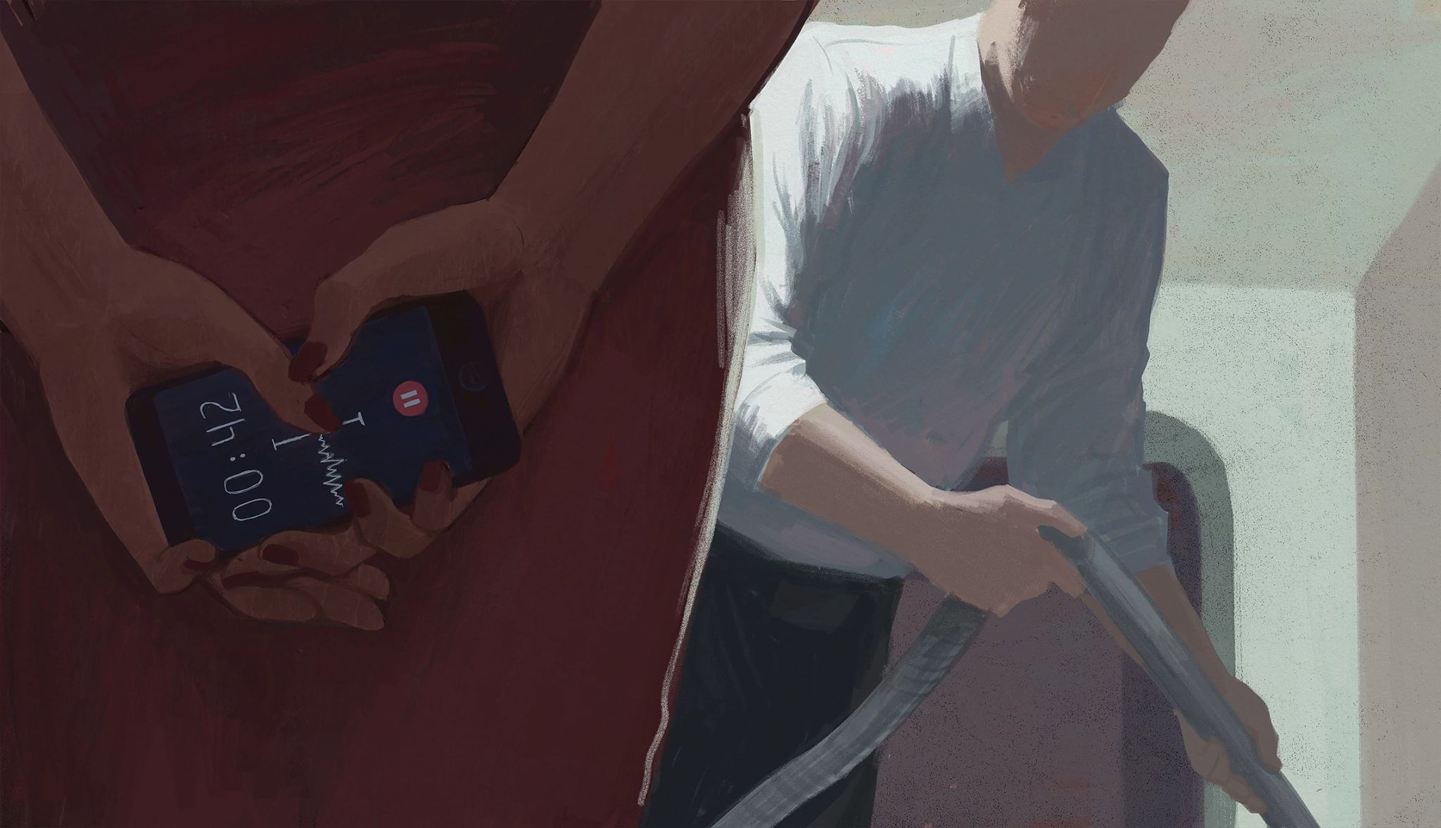 I've Got You Under My Skin by Mary Higgins Clark chapters 51-60 Illustration of a woman standing in front of a man while holding a smartphone behind her back that shows recording in is progress