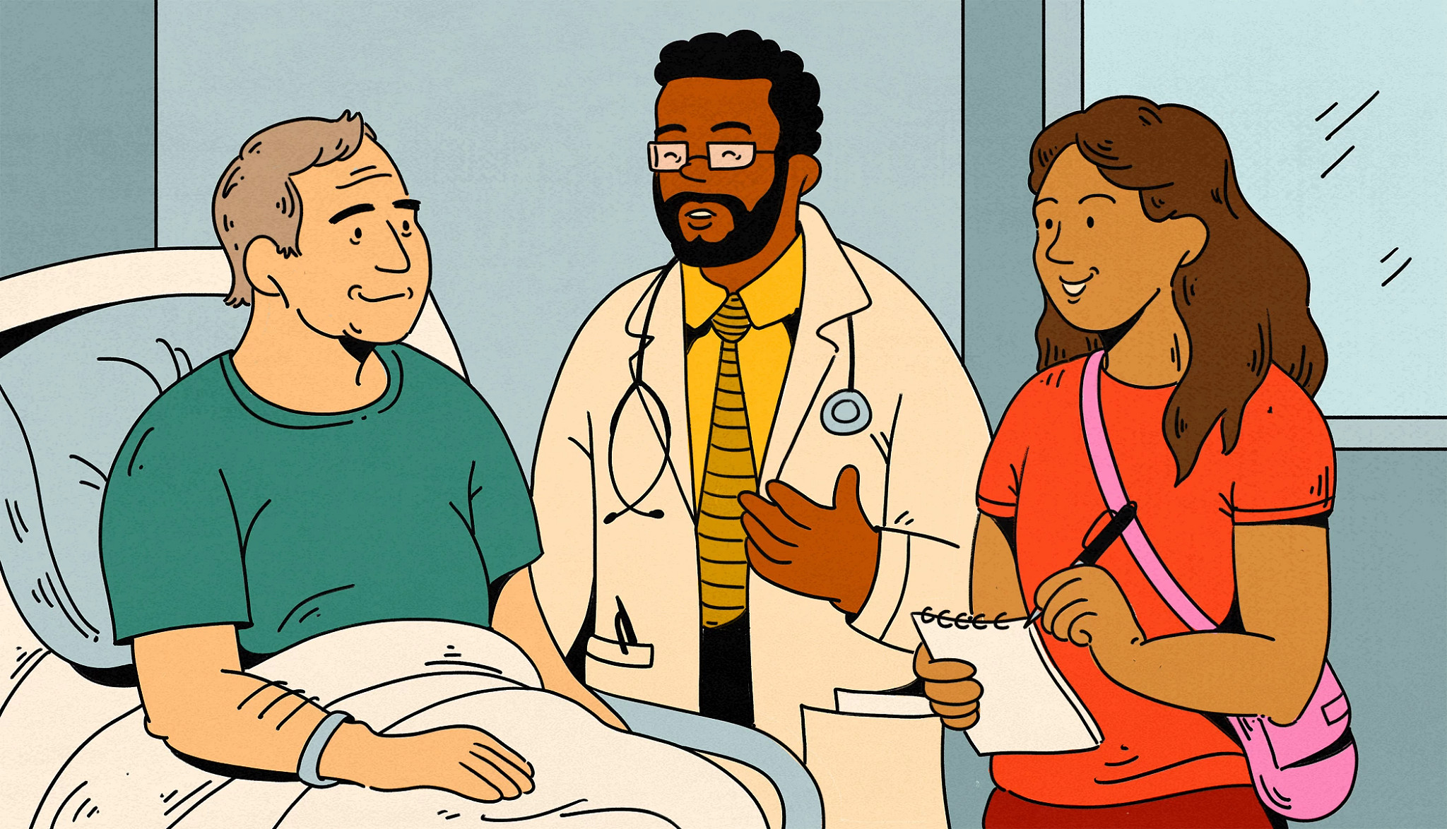 person in hospital with doctor and partner