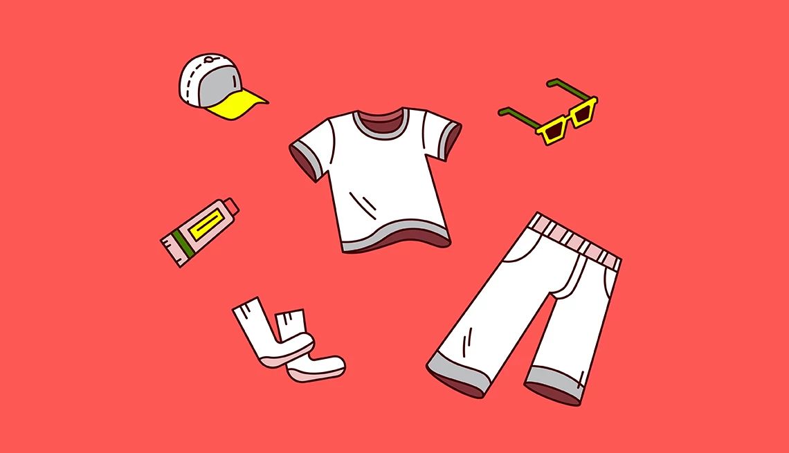 How to Beat the Heat illustration of sunglasses, socks, pants, baseball cap, sunscreen