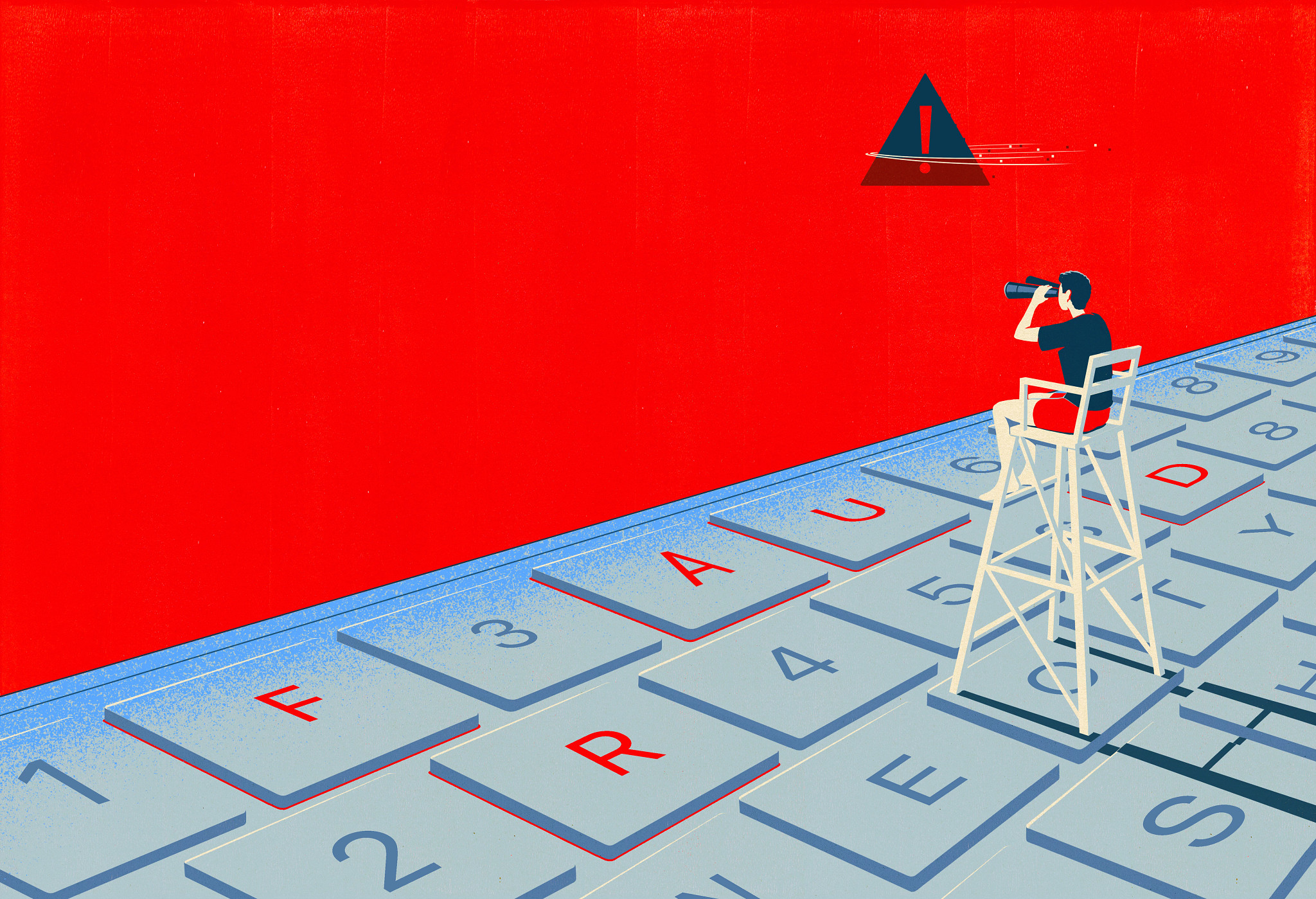 illustration of a man in a lifeguard chair sitting on top of a keyboard. He's holding binoculars and looking out into a warning icon swimming through a red sea