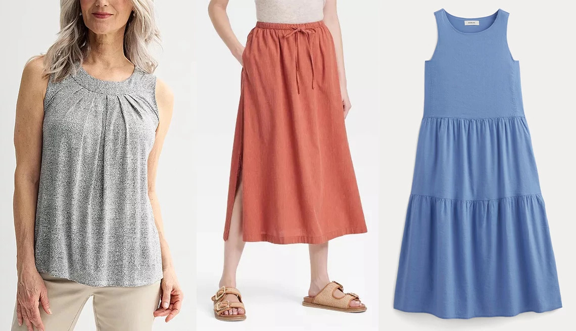 a model wearing a tank top, a model wearing a breezy skirt and a sleeveless dress