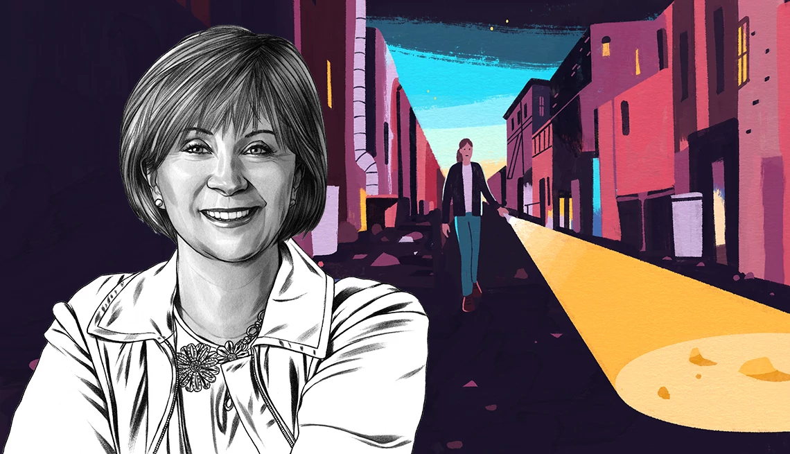 Janet Evanovich Interview Illustration of janet evanovich overlaid on illustration of her protagonist Stephanie Plum shining a flashlight on a narrow quiet street between buildings