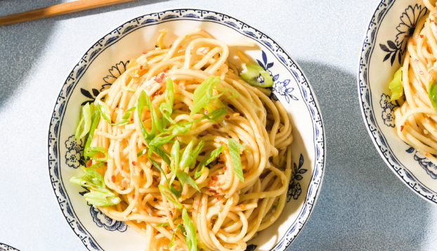 Scallion noodles with ground pork Scallion noodles with ground pork in bowl