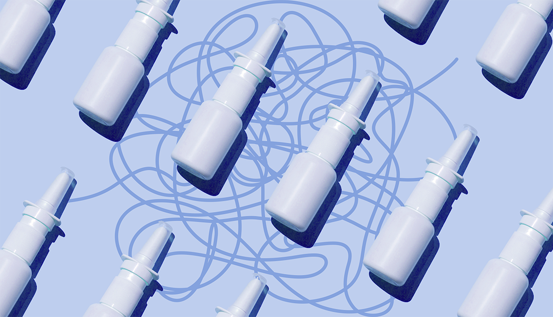 Is Nasal Spray Addicting? nasal sprays on light blue background with pattern