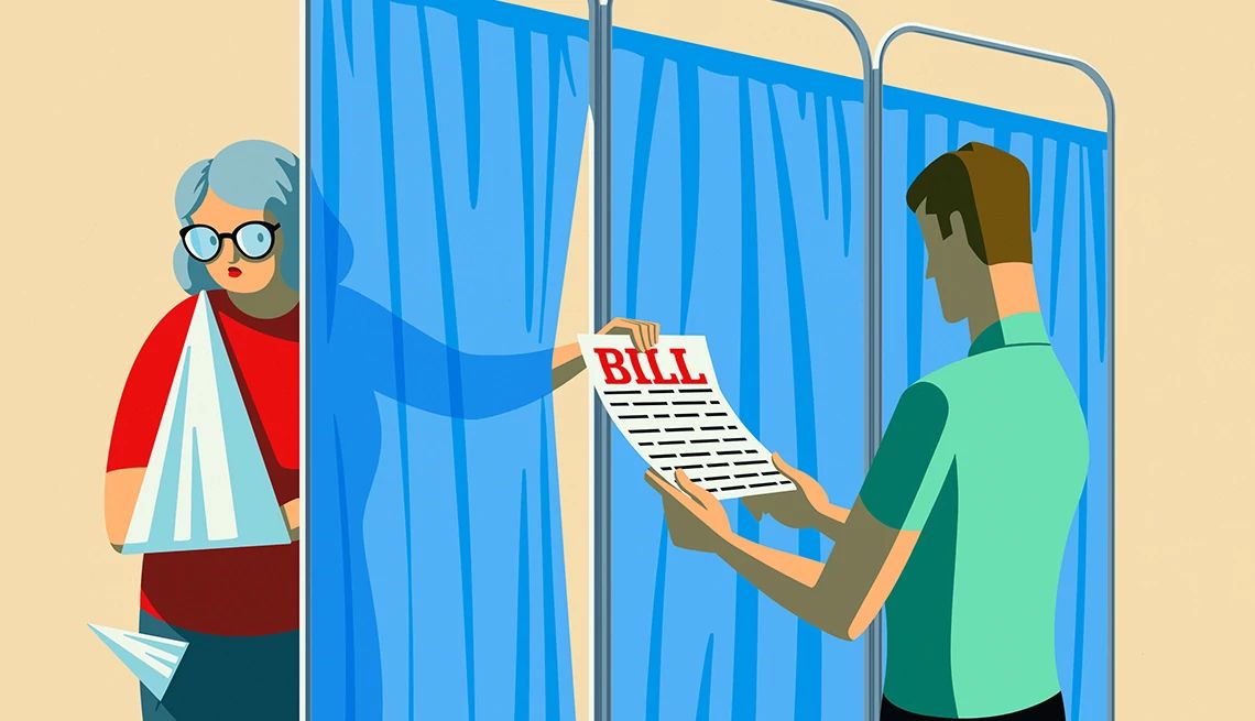 How Do I Ask for Help with Medical Bills? an holder woman with her arm in a sling reaches through a divider to show a bill to a younger man