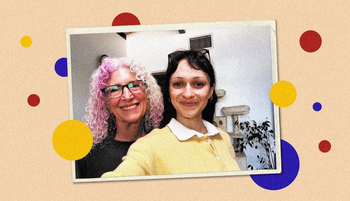 Janie Emaus and her adult granddaughter pose for a selfie indoors in a bright home setting.